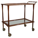 Ponti Style Italian Walnut Framed Serving Cart with Brass Inlay