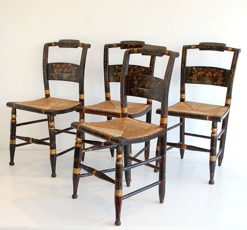 LATE 19THC SET OF FOUR HITCHCOCK CHAIRS FROM PENNSYLVANIA PAINT DECORATED CHAIRS ,FANCY PAINT WITH GREAT SURFACE. ON PRISTINE CONDITION