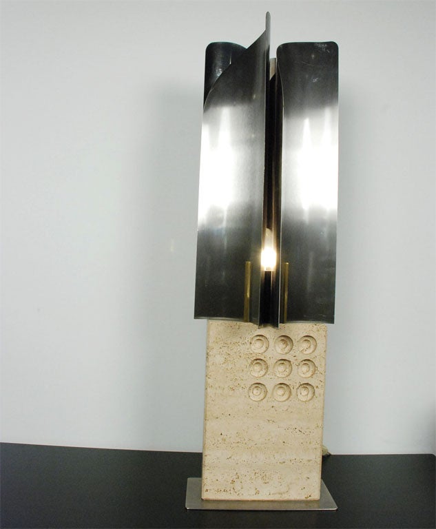Italian Sculptural Travertine and Stainless Steel 1960s Table Lamp by Reggiani For Sale