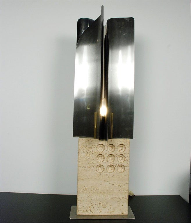 Sculptural Travertine and Stainless Steel 1960s Table Lamp by Reggiani In Good Condition For Sale In Dorchester, MA