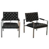 Milo Baughman Black Leather Tufted Chairs