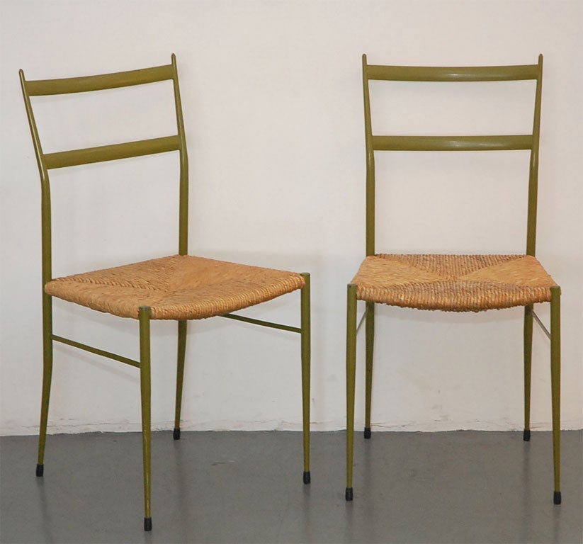 Ponti Style Chairs in Original Green Olive Metal Frames With Rush Seats. Super light and super well made. Marked made in Italy. Priced for the pair
