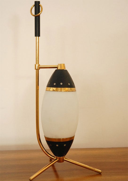Diminutive Stilnovo Night Light. Egg shaped frosted glass on brass tripod base.