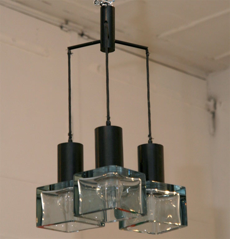 Italian Seguso Three Blue Glass Cube Ceiling Light Designed by Flavio Poli For Sale