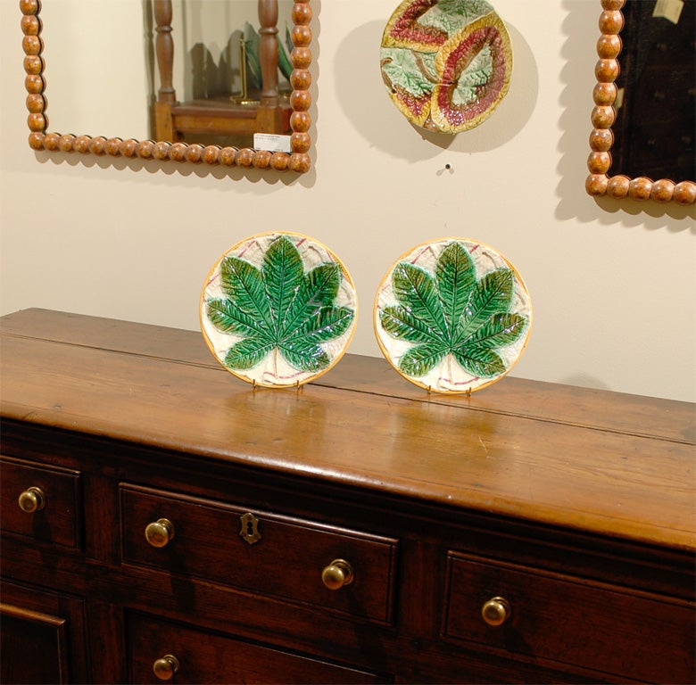 19th Century Set of 2 Antique Majolica George Jones Chestnut Leaf Plates