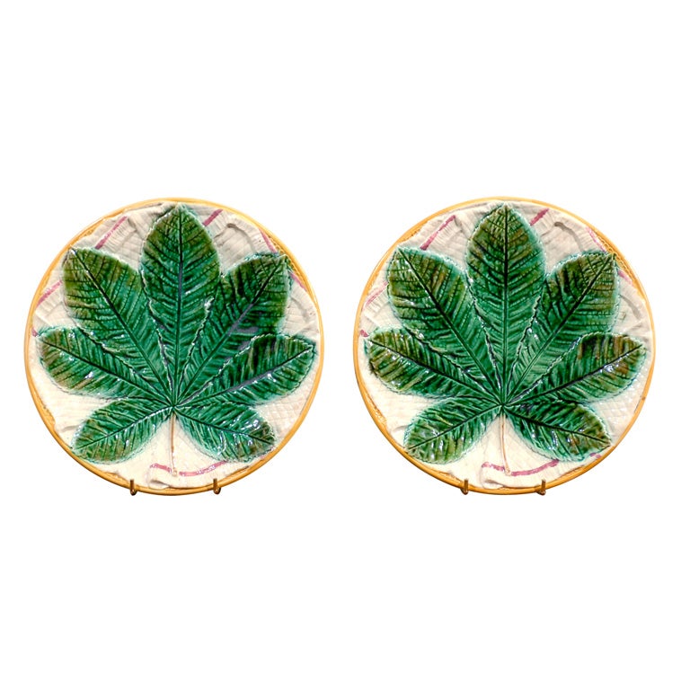 Set of 2 Antique Majolica George Jones Chestnut Leaf Plates