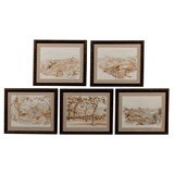 Set of 5 Original  Watercolors with Hand Carved Frames