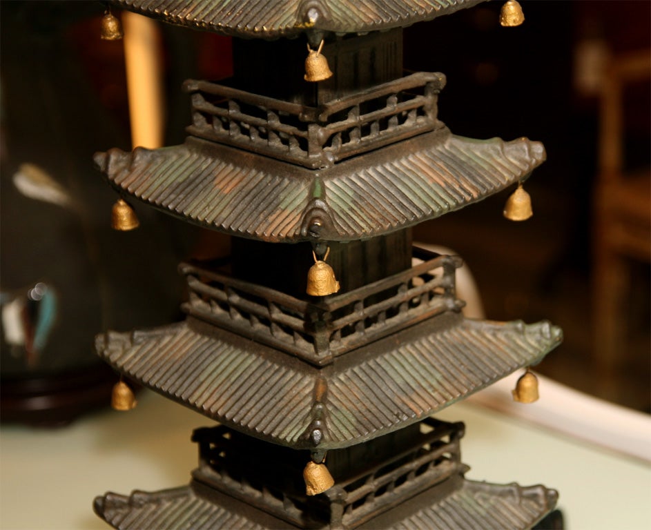 20th Century Monumental Cast Bronze Pagoda Lamp