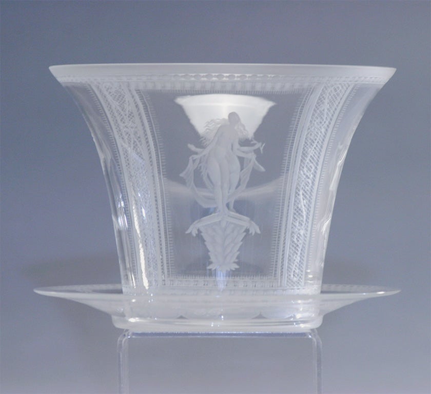 Orrefors Crystal Ice Bucket and Under Plate In Excellent Condition In Great Barrington, MA