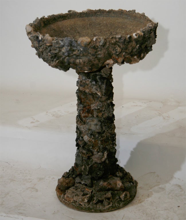 Early 20th century rustic bird bath constructed of  cast stone sheathed in drusy quartz stones.  From Potosi, Missouri, an area known for its drusy quartz formations, locally referred to as “blossom rocks”. Circa:  1925
