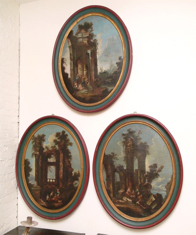 Late 17th c Early 18th c Oval Oil on Canvas of ruins scenes. In original frames that have been refreshed.