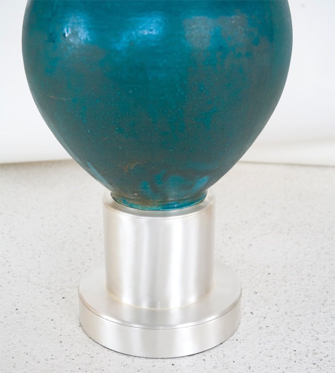 American Custom Blue Glazed Table Lamp by Paul Laszlo For Sale
