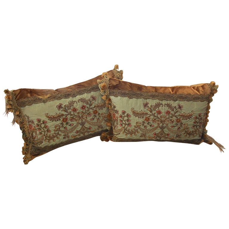 Pair of 19th C. French Metallic & Chenille Textile Pillows