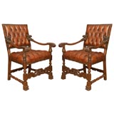 Pair of Italian Walnut Leather Tufted Armchairs C. 1900