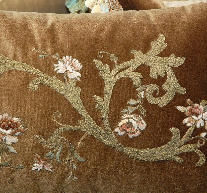 Pair of Metallic & Chenille Appliqued Silk Mohair Pillows In Excellent Condition In Los Angeles, CA