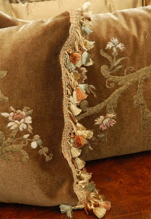 19th Century Pair of Metallic & Chenille Appliqued Silk Mohair Pillows