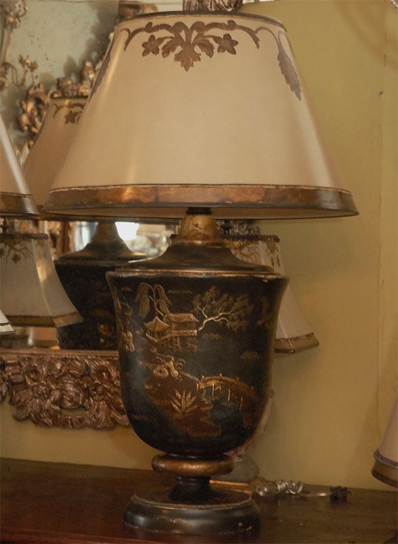 Pair of Lacquered Chinoiserie Urn Lamps with Parchment Shades In Excellent Condition In Los Angeles, CA