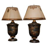 Pair of Lacquered Chinoiserie Urn Lamps with Parchment Shades