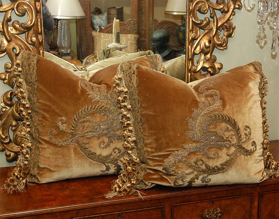 Pair of Early 19th C. Appliqued Metallic Silk Velvet Pillows