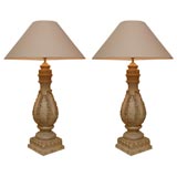 Pair of Carved Limed Finial Lamps with Shades