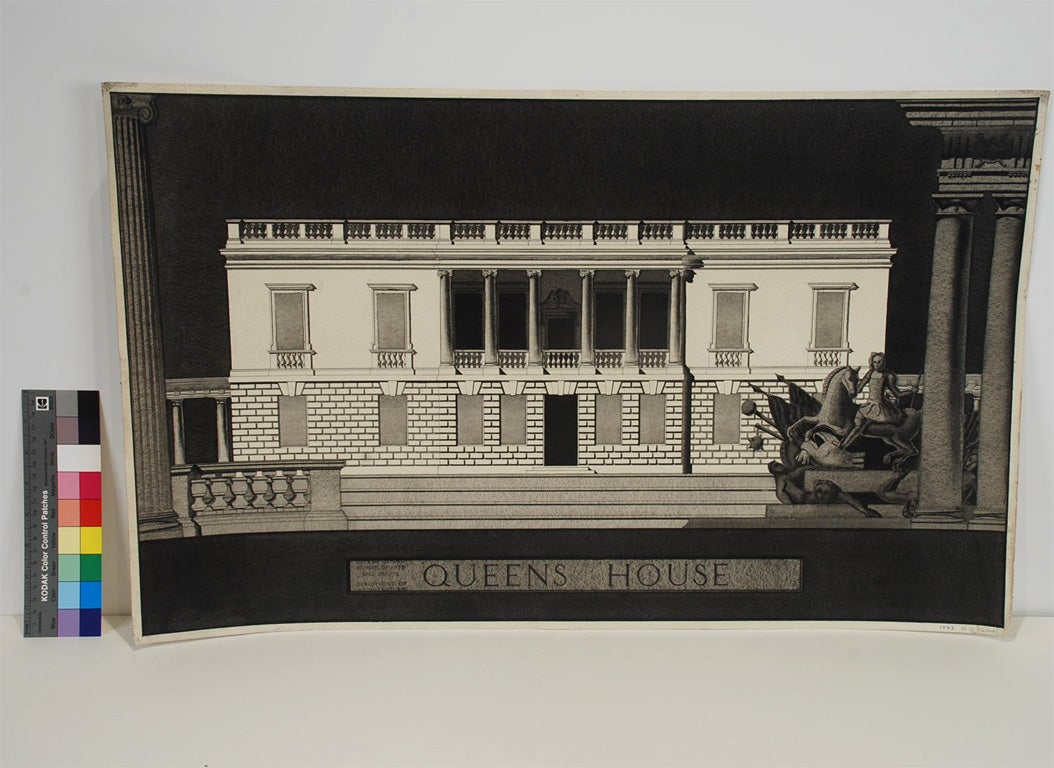 By A.W. Harrop, 1943, at the Department of Architecture, City of Oxford School of Arts and Crafts. Beaux Arts tradition of Neoclassicism depicted in this vivid architectural rendering. Unusual statuary sculpture in right mid-ground.