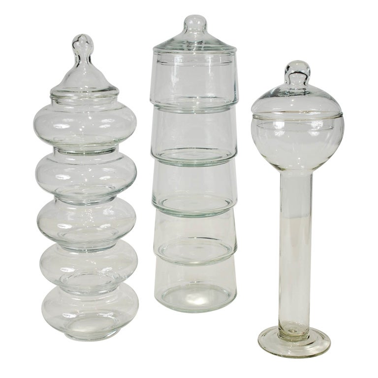 Three clear glass Apothecary Jars