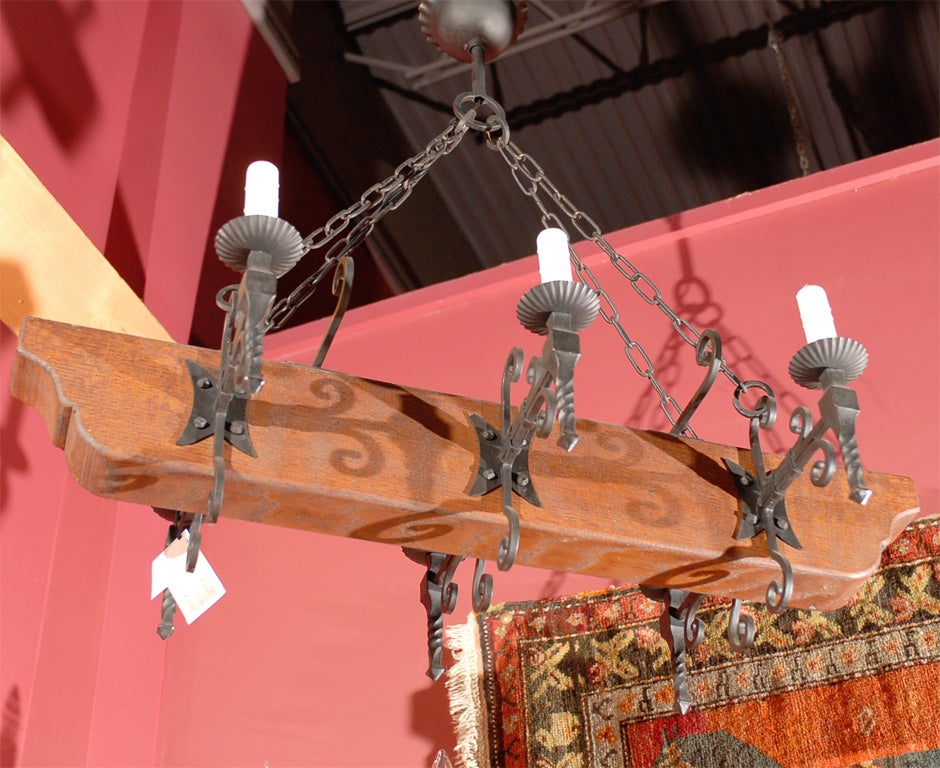 Antique Chandelier Iron and Wood Light Fixture In Excellent Condition For Sale In Atlanta, GA