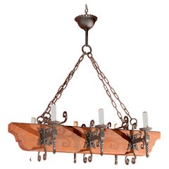 Vintage Chandelier Iron and Wood Light Fixture