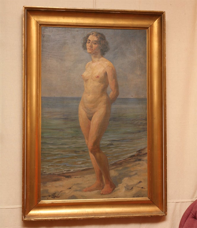 Oil on canvas of nude standing on a beach, a Skagen School Danish painting, unsigned, but dated 10 ? '15.     The naturalness of the subject, fluid brushstrokes and the light are all typical of this celebrated school of painting