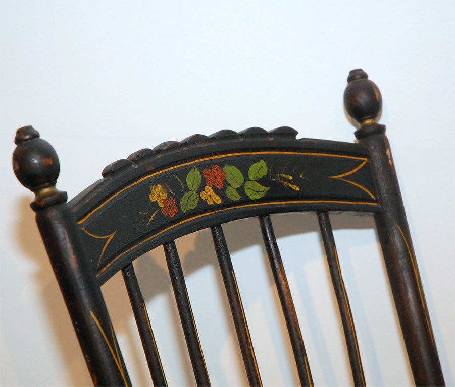 19th Century 19THC ORIGINAL BLACK PAINTED AND DECORATED CHILD'S ROCKING CHAIR