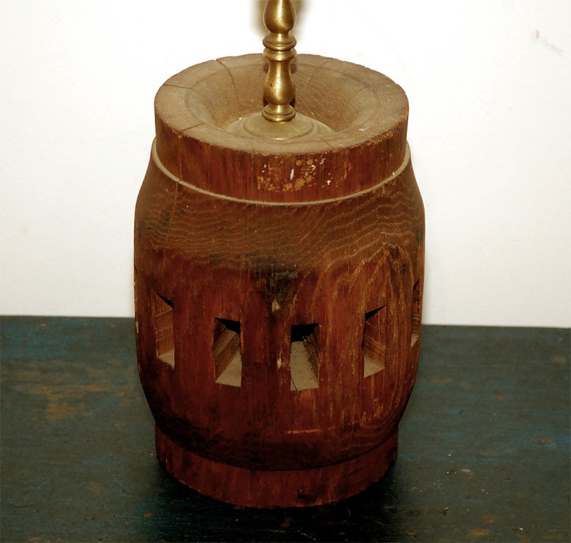 American 19THC RUSTIC KEG/BARREL LAMP W/RAWHIDE SHADE