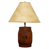 Antique 19THC RUSTIC KEG/BARREL LAMP W/RAWHIDE SHADE