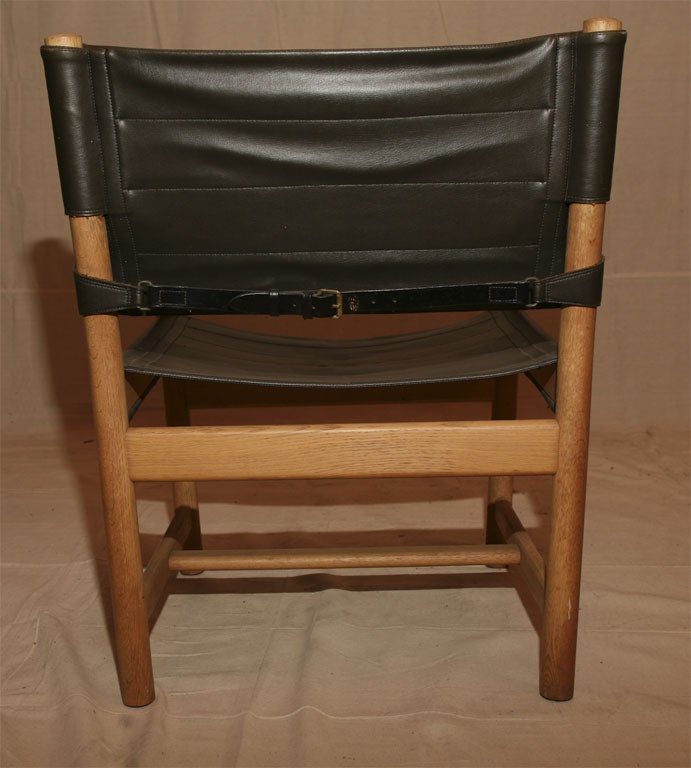 Danish Pair of Black Leather Oak Frame Armchairs