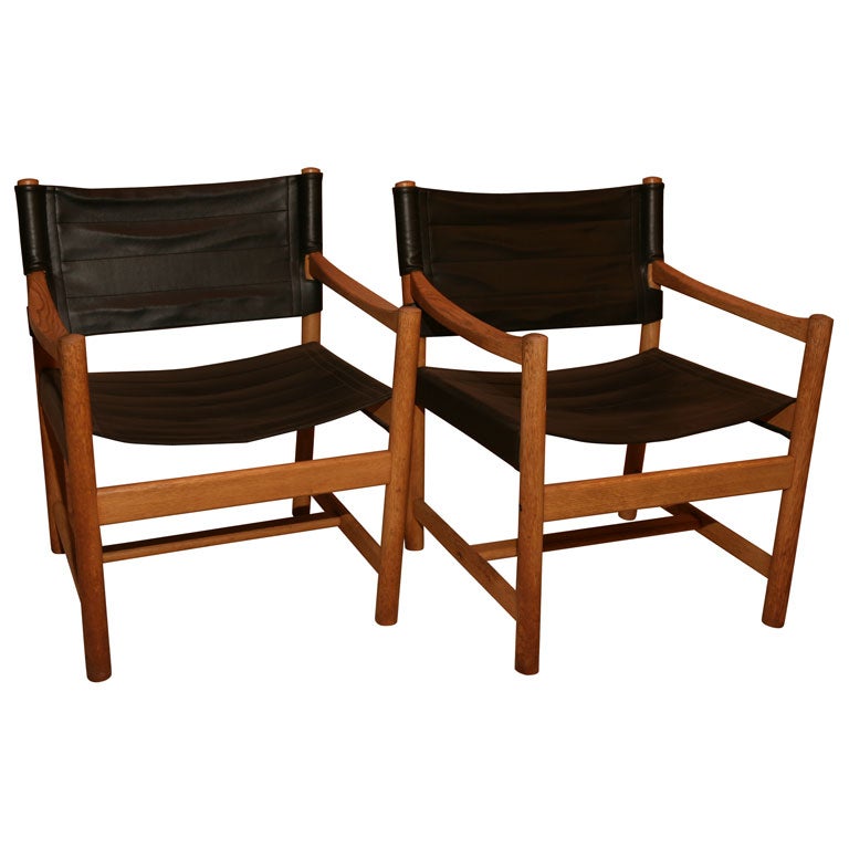 Pair of Black Leather Oak Frame Armchairs