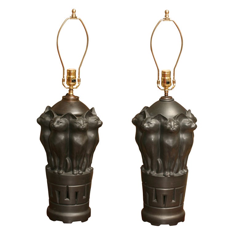 Pair of Large Black Ceramic Cat Lamps by l hjort