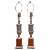 Retro PAIR SILVER METAL & WOOD TROPHY LAMPS