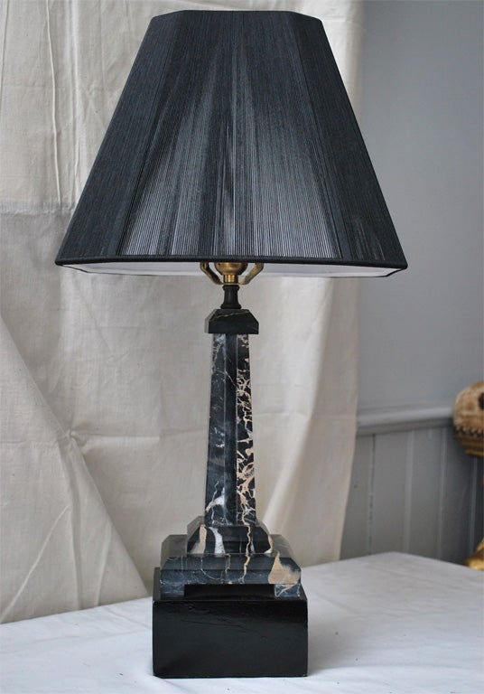American Pair of Black Marble Obelisk Lamps