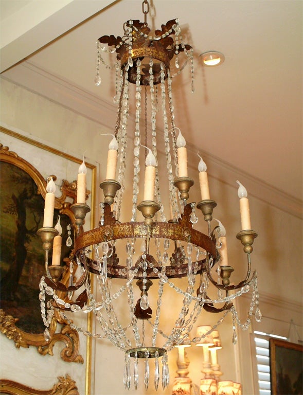 18th century tole and crystal twelve-light chandelier from Lucca. US wiring.