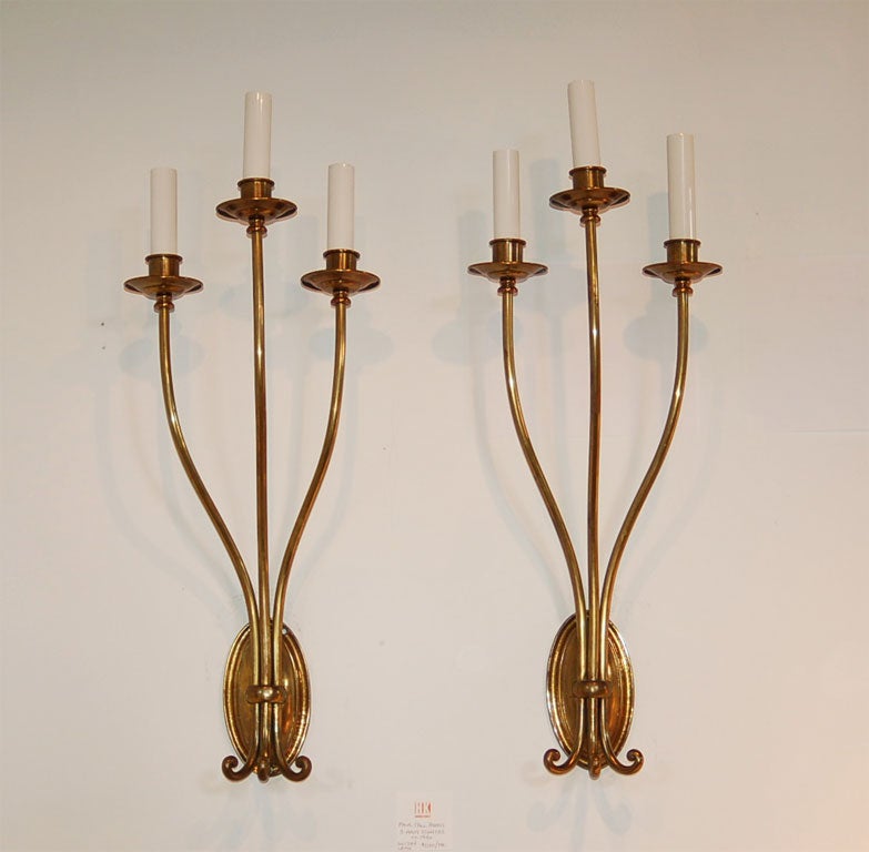 Pair Tall Brass 3 arm Sconces