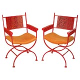 Pair Red Wrought Iron Curule Chairs