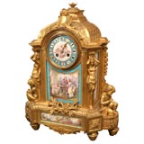 Antique Gilded Bronze and Porcenlain Mantel Clock