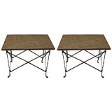 Pair of iron framed end tables with granite tops