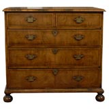 18th C. Queen Anne Walnut Chest on bun feet w/ cross banded top