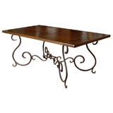 Antique Table Top of European Chestnut on Contemporary Iron Base