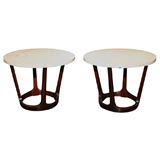 Pair of Dark Mahogany Travertine  Top Tables