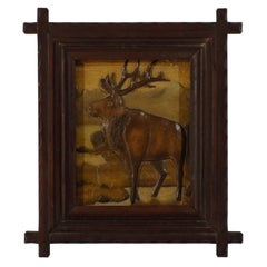 Stag Marquetry Mountain Landscape Painting