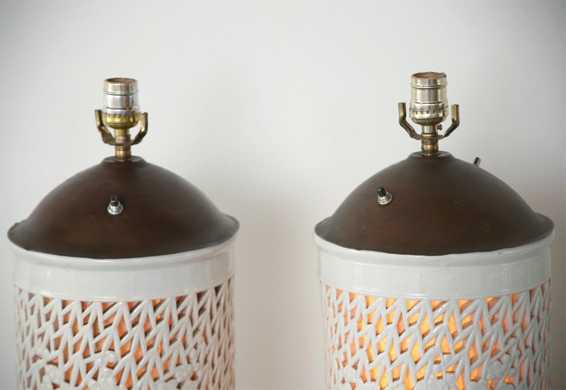 Pair Japanese Reticulated Porcelain Lamps 1