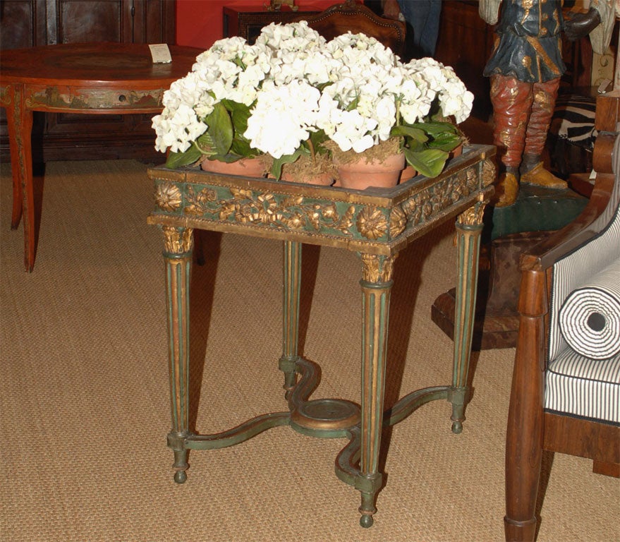 An Unusual 18th Century Italian Carved, Painted and Gilded Planter on Turned Carved Legs with Metal Liner.