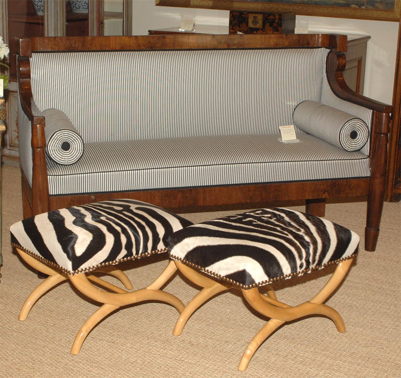 A Pair of French Beechwood Stools covered in Zebra Skin.  20th Century.