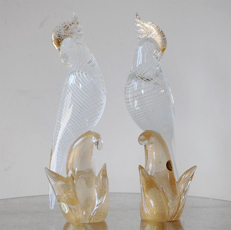 Beautiful Murano glass bird with label, clear with white and gold. In second image, the one on the left is available as the other has sold.